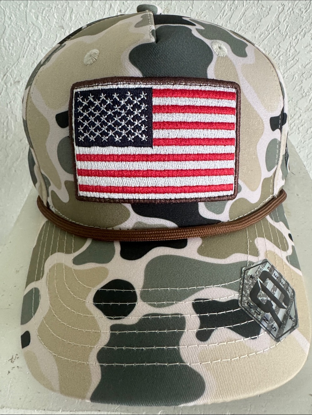 Camo Trucker Cap with American Flag Patch - Olive/Beige